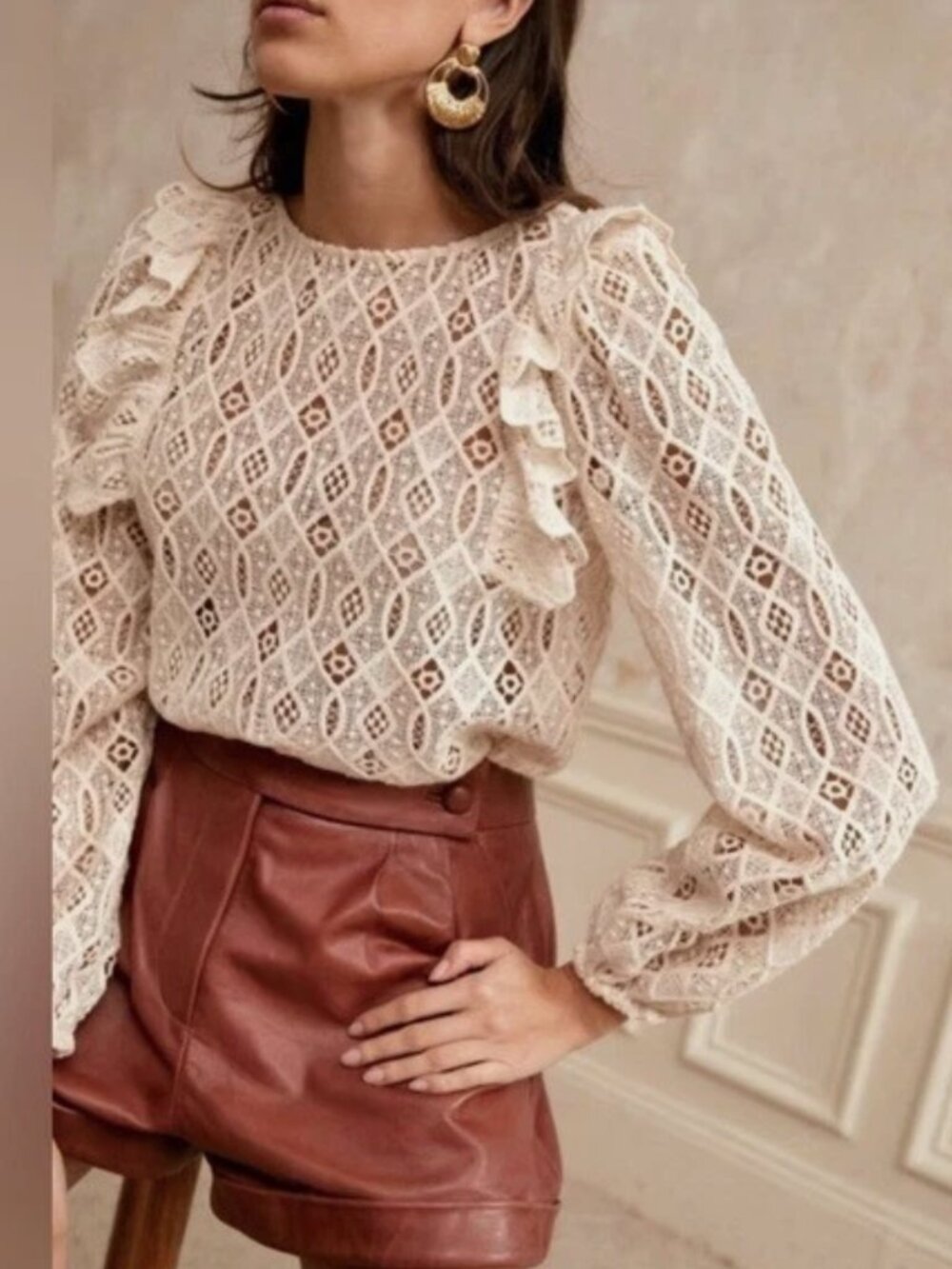 Sezane Salina Lace Blouse 36 US 4 S Ecru Ruffle Long Sleeve Romantic Boho Top